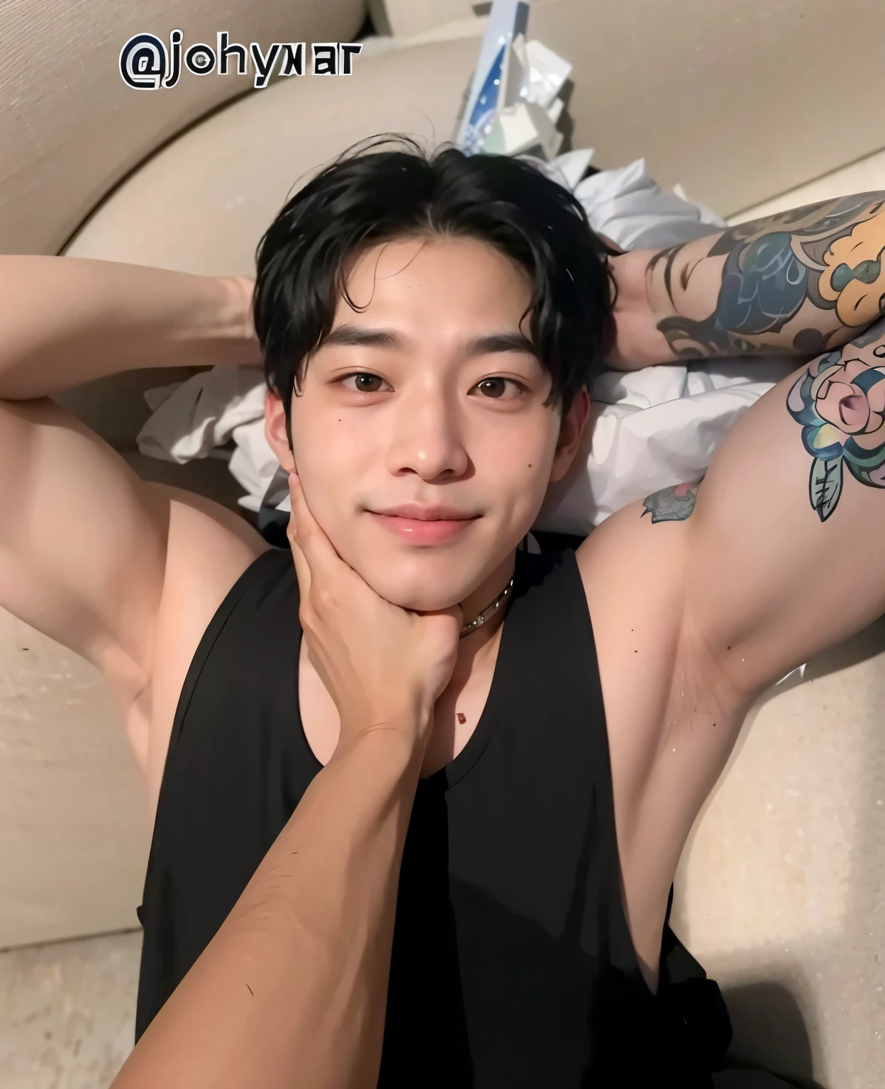 arafed asian man with a backpack and a backpack in an airport, jungkook, Hyung Tae, Jinyoung Shin, taken in the early 2020s, Kim Doyoung, Shin Jeongho, TaeJune Kim, Cai Xukun, pale korean adorable face, ironic smile, ten reads, numerous dimly glowing eyes, cute round slanted eyes
