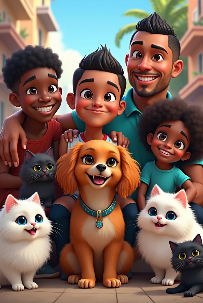 Ishowspeed a African American YouTuber 1 with hair extensions with his dog of breed American Shepherd of age 2 years ,his Father who is also black with gap in teeth, his brother who is black and fluffy, famous football player Cristiano Ronaldo and with 2 Persian cat with colour black and white each 