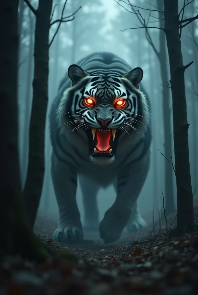 tiger man ghost, tense atmosphere, horror, canine teeth, flaming eyes, horror movie, dark, misty forest, lurking from behind the trees, 8k, deep of field, masterpiece, detail, realist.