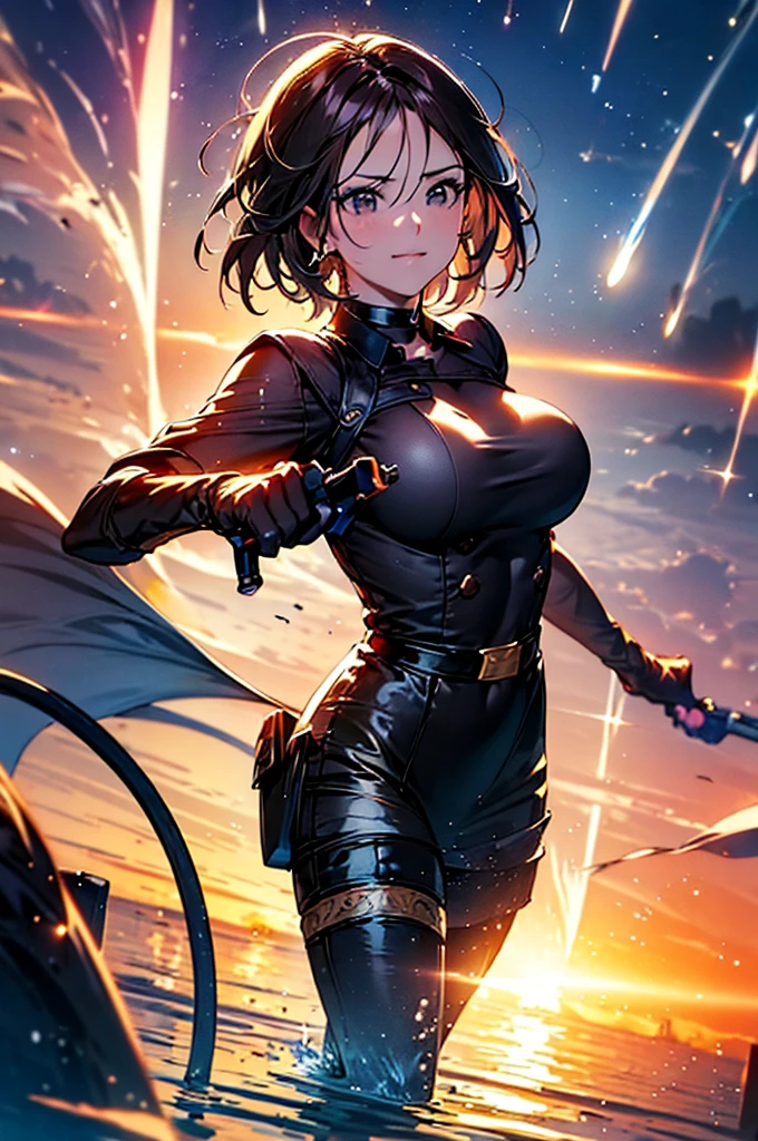 (at night), in a video game scene in the background, a beautiful city at night, raining, alone, standing looking straight ahead, military clothing with military green skirt and pants, black gloves, semi-short hair, ((semi-short hair)), 1 girl, 30 years old, young woman, perfect hands, Beautiful fingers, Beautiful long legs, Beautiful body, Beautiful nose, Beautiful character design, perfect face, looking straight at the viewer with a serious gesture, very upset looking at the viewer, she has a black whip in her hand (focusing on her face), closed mouth, smile_light, official art, extremely detailed CG unity 8k wallpaper, perfect lighting, bright and colorful front lighting, skin glossy (masterpiece: 1.0), (best_quality: 1.0), ultra high resolution, 4k, ultra detailed photography, 8K, hdr, high resolution, nonsense:1.2, Kodak portrait 400, film grain, blurred background, bokeh:1.2 , Lens flare, (vibrant_color:1.2), professional photography, (Beautiful, breasts: 1.4), (Beautiful_face: 1.5), (narrow waist),