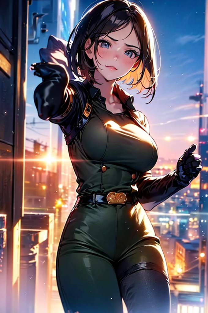 (at night), in a video game scene in the background, a beautiful city at night, raining, alone, standing looking straight ahead, military clothing with military green skirt and pants, black gloves, semi-short hair, ((semi-short hair)), 1 girl, 30 years old, young woman, perfect hands, Beautiful fingers, Beautiful long legs, Beautiful body, Beautiful nose, Beautiful character design, perfect face, looking straight at the viewer with a serious gesture, very upset looking at the viewer, she has a black whip in her hand (focusing on her face), closed mouth, smile_light, official art, extremely detailed CG unity 8k wallpaper, perfect lighting, bright and colorful front lighting, skin glossy (masterpiece: 1.0), (best_quality: 1.0), ultra high resolution, 4k, ultra detailed photography, 8K, hdr, high resolution, nonsense:1.2, Kodak portrait 400, film grain, blurred background, bokeh:1.2 , Lens flare, (vibrant_color:1.2), professional photography, (Beautiful, breasts: 1.4), (Beautiful_face: 1.5), (narrow waist),