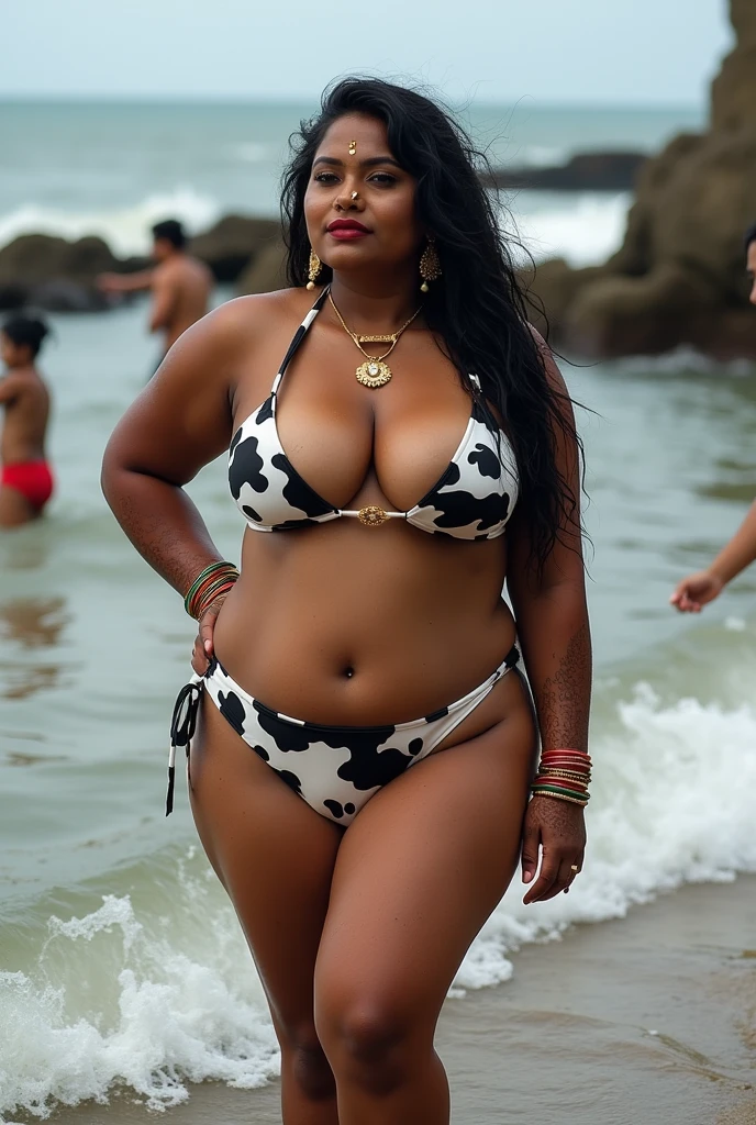 Wet CURVY FIT PAWG MARRIED INDIAN BRIDE, full body picture , BBW Wet curvy, wet Desi Bhabhi showing her big ass in sexy thong COW pattern bikini and showing cleavage and in nose ring, many red gold bangles in hands,earings, necklace ,lipstick ,navel,Indian, Chubby, showing her curves in sea water, sea waves , rocks, Group of lesbian women, Henna Mehendi, with husband and children