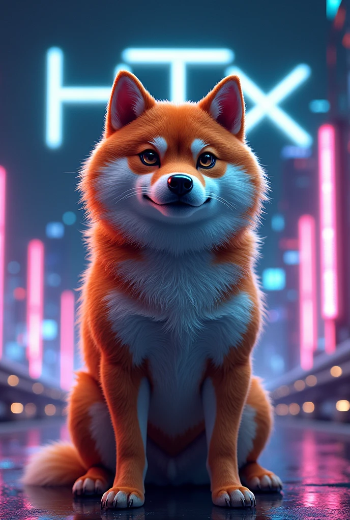 A Shiba Inu dog with a futuristic HTX logo in the background, in a digital art style
