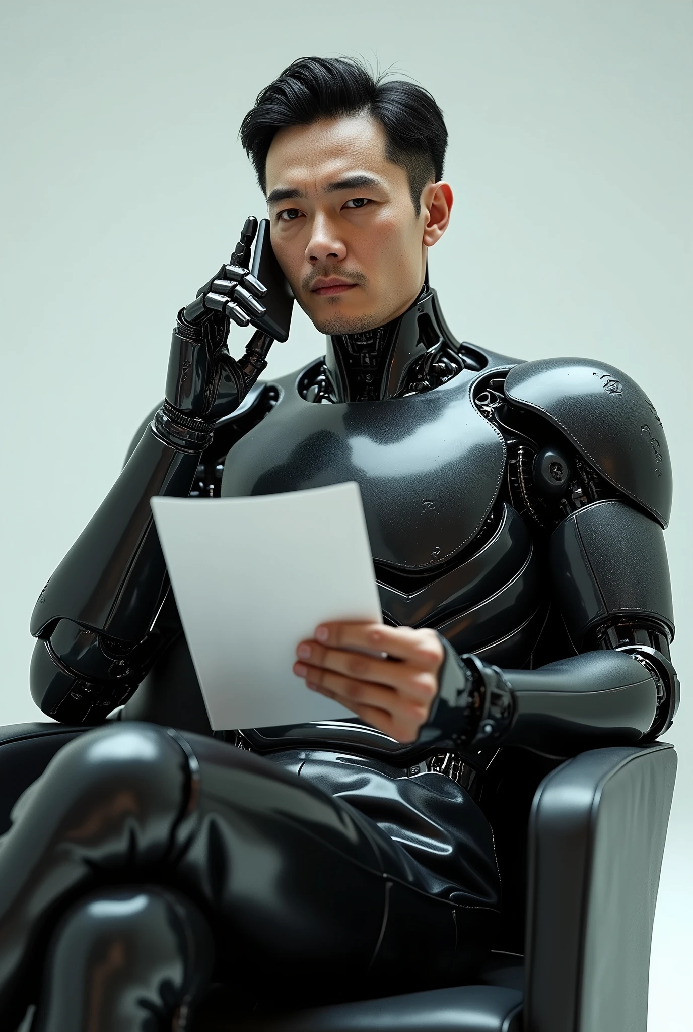 {{一位“male”導演單手上拿著劇本做在椅子上臉看著鏡頭，best quality, 1080P, masterpiece, Ultra-high resolution, Reality, 超Reality主义, Realistic skin texture, Ultimate skin detail, Digital SLR Camera, Handsome eyes, Facing the camera, very handsome face, Simple facial structure, Pale skin, Realistic skin texture, Ultimate skin detail, oc render reflection texture, clean background，Realistic light and shadow, Single image, solitary, black hair, fit、balance., 40 years old, Height 175cm, male, 拥有机械身体的male手上拿著手機靠在耳旁使用著高科技手機通訊., Transparent futuristic black glass mech suit, The mechanical cervix is attached to the neck., Circuit stuck in the middle of the back., Perfect robotic arm,front，，正身 Half-length photo, Half-length photo.}}