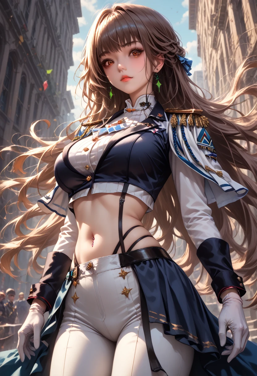 score_9, score_8_up,score_7_up, masterpiece, best quality, perfect anatomy, very aesthetic, 8k,marciana (nikke), highres, 1girl, large breasts, midriff, brown eyes, crop top, brown hair, looking

at viewer, navel piercing, long hair, absurdres, white gloves, white pants, epaulettes, sidelocks, military uniform, tight clothes