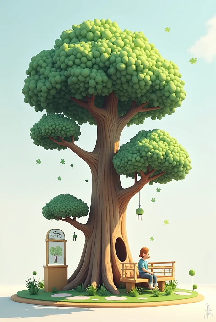 Two-meter-high educational product with two solar panels with a simple design, modular, in the shape of a tree and with a part where people can sit 