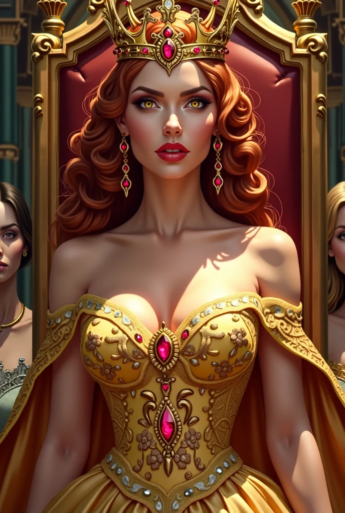 A queen with copper brown hair. Her narrow, golden eyes are like fire and her dress is also golden, full of shine and also has a sweetheart neckline and golden lace that goes up to the neck. The golden crown on his head has a ruby in the center, and her earrings are also ruby. Behind her is the throne room, with a red throne and two subjects. The red lips are curved in a mocking, arrogant smile. it is a drawing.