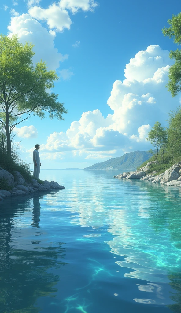 water, Wet, waterしぶき, liquid, sunny, Day, blue sky, cloud, nature, nature環境, (Character Focus:1.1), Sharp focus, Realistic, Very detailed, Super detailed, Highest quality, Highest quality, Realistic lighting, Super detailedな, Hyperrealism, Greg Rutkowski