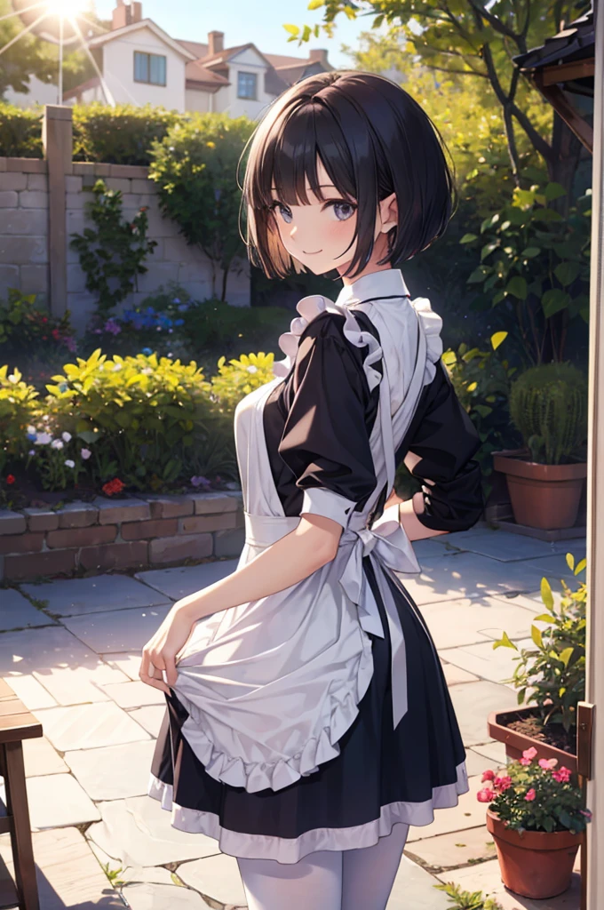 (masterpiece), 4K,woman,,housewife,garden,laundry(Bloomers),Small breasts,Small Ass,Bobcut,Light of the sun,Realistic, skinny, smile,blouse,Frill apron