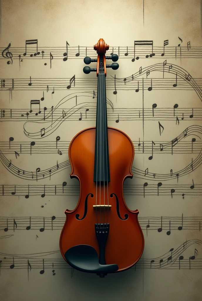 Violin with a scored background and musical notes in front of it, as if they were leaves and light touches of wind