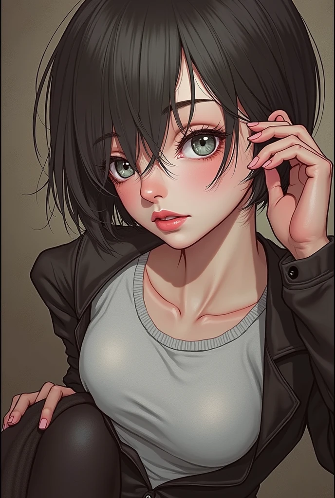RAW photo, best quality, masterpiece, photorealistic, Polish girl, 20 years old, full body, black hair, Light grey eyes, short bob cut, hair in 7 thirds, hair over one ear, Detailed Skin, Detailed face, Big Breasts, rip gloss,