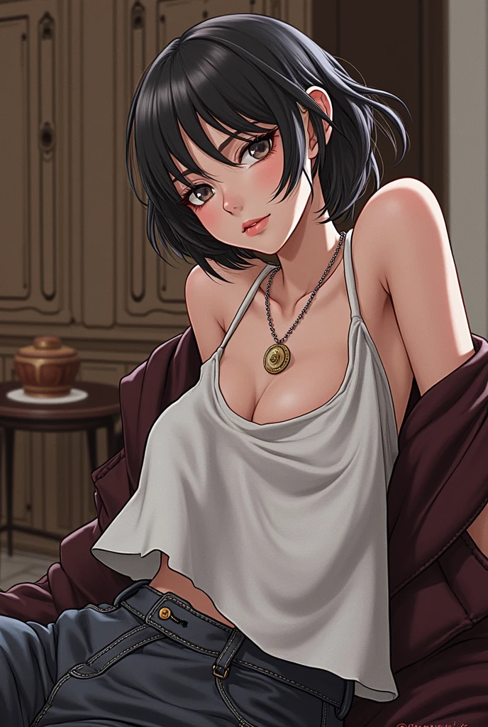 RAW photo, best quality, masterpiece, photorealistic, Polish girl, 20 years old, full body, black hair, Light grey eyes, short bob cut, hair in 7 thirds, hair over one ear, Detailed Skin, Detailed face, Big Breasts, rip gloss,