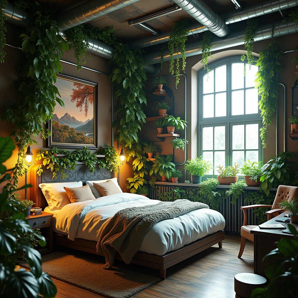 A cozy and aesthetic loft bedroom, but the interior is biopunk style with lots of vines and green plants..
The theme is combined with biopunk., cyberpunk, industrial, And steampunk