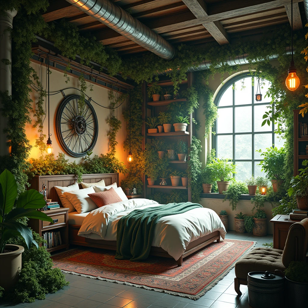 A cozy and aesthetic loft bedroom, but the interior is biopunk style with lots of vines and green plants..
The theme is combined with biopunk., cyberpunk, industrial, And steampunk