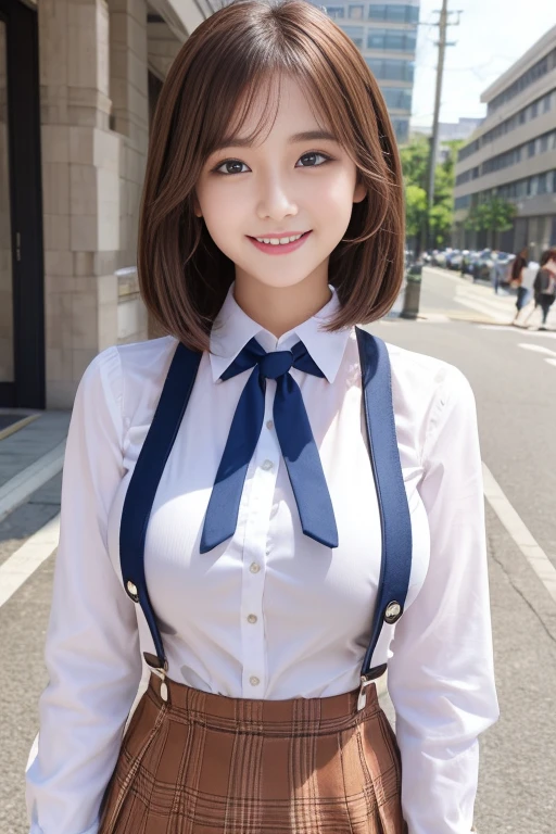 .................,, In front of school、Suspenders to attach to skirt、Long sleeve white shirt、Checked skirt、upon, , sakimichan,, Nice and cute, An innocent smile, , Cute smile, sakimichan hdri、 big 、,(Huge breasts:1.20),(Beauty Big 1:1)、Brown Hair、Brown Hairの髪、blue eyes、 With short bob、Pose cutely