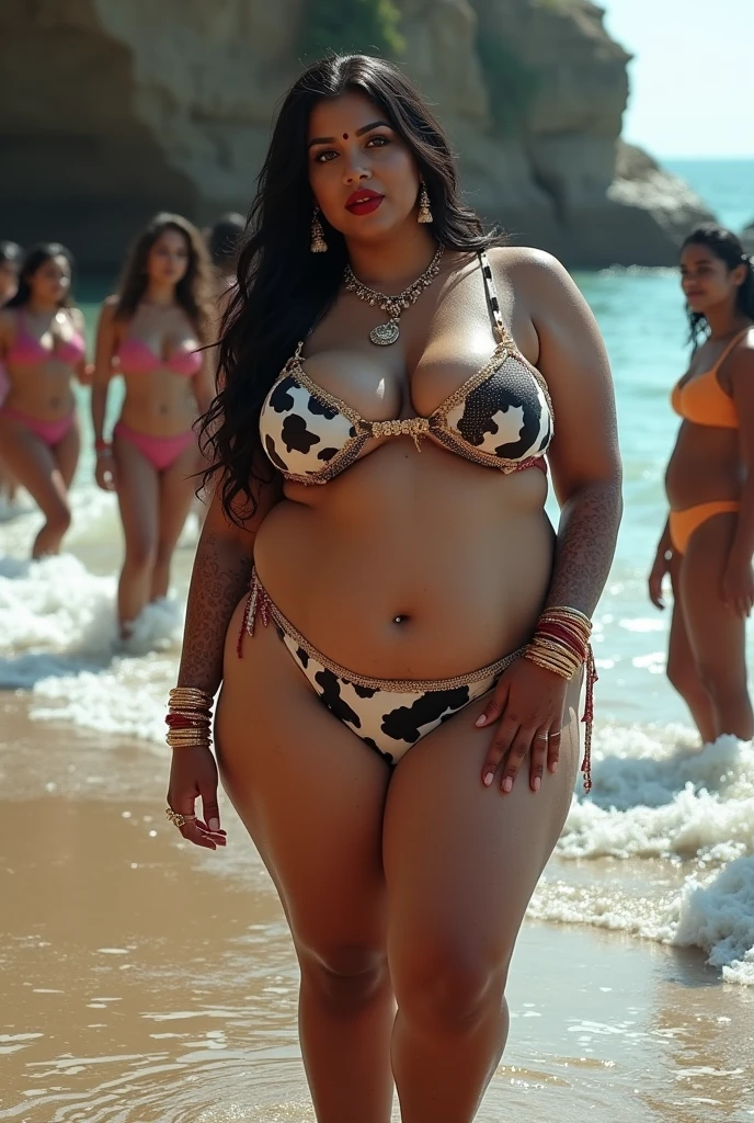 Wet CURVY FIT PAWG MARRIED INDIAN BRIDE, full body picture , BBW Wet curvy, wet Desi Bhabhi showing her big ass in sexy thong COW pattern bikini and showing cleavage and in nose ring, many Red & Gold bangles in hands,earings, necklace ,lipstick ,navel,Indian, Chubby, showing her curves in sea water, sea waves , rocks, Group of lesbian women, Henna Mehendi, with husband and children