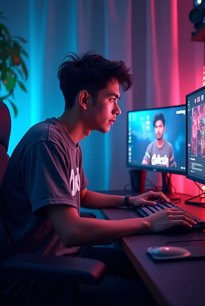 A gamer sitting on his gaming setup and " Daksh
" written on its shirt