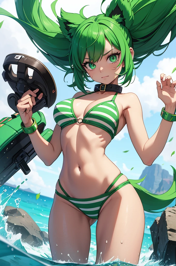 Here’s a prompt for creating an image of a female version of Izuku Midoriya from My Hero Academia as a half-dog hybrid, wearing a bikini:

Prompt:

Visualize a female version of Izuku Midoriya from My Hero Academia transformed into a half-dog hybrid, wearing a stylish bikini. Her short, tousled green hair complements her canine features, with a few strands playfully falling across her face. Her large, expressive green eyes retain their characteristic determination and kindness, now with a hint of playful mischief befitting her new form.

She has the following hybrid features:

Dog Ears: Instead of human ears, she has large, pointed dog ears on top of her head, covered in soft green fur that matches her hair. The ears are alert and expressive, adding to her overall charm.
Tail: A fluffy, wagging tail extends from the base of her spine, covered in matching green fur. The tail is lively and playful, adding movement and energy to her pose.
Claws and Paws: Her hands and feet retain a human shape but have subtle paw-like features, such as soft pads and retractable claws, adding to her canine appearance without compromising her human agility.
She is dressed in a bikini with the following details:

Bikini Top: The bikini top is a simple yet stylish design, in a vibrant green color that echoes her signature look. The top is accented with subtle patterns or stripes, adding a bit of flair without being overly complicated. It fits her perfectly, complementing her athletic figure and hybrid form.
Bikini Bottom: The bikini bottom matches the top, featuring the same vibrant green color and design elements. It’s designed for comfort and movement, allowing her to stay active and playful while showcasing her hybrid form.
Accessories: To complete the look, she might wear a cute, matching collar with a small tag or charm, adding a playful touch to her canine persona. The collar is subtle and stylish, blending seamlessly with her overall look.