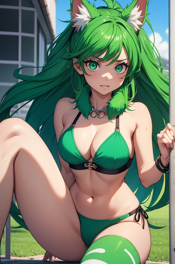 Here’s a prompt for creating an image of a female version of Izuku Midoriya from My Hero Academia as a half-dog hybrid, wearing a bikini:
Prompt:
Visualize a female version of Izuku Midoriya from My Hero Academia transformed into a half-dog hybrid, wearing a stylish bikini. Her short, tousled green hair complements her canine features, with a few strands playfully falling across her face. Her large, expressive green eyes retain their characteristic determination and kindness, now with a hint of playful mischief befitting her new form.
She has the following hybrid features:
Dog Ears: Instead of human ears, she has large, pointed dog ears on top of her head, covered in soft green fur that matches her hair. The ears are alert and expressive, adding to her overall charm.
Tail: A fluffy, wagging tail extends from the base of her spine, covered in matching green fur. The tail is lively and playful, adding movement and energy to her pose.
Claws and Paws: Her hands and feet retain a human shape but have subtle paw-like features, such as soft pads and retractable claws, adding to her canine appearance without compromising her human agility.
She is dressed in a bikini with the following details:
Bikini Top: The bikini top is a simple yet stylish design, in a vibrant green color that echoes her signature look. The top is accented with subtle patterns or stripes, adding a bit of flair without being overly complicated. It fits her perfectly, complementing her athletic figure and hybrid form.
Bikini Bottom: The bikini bottom matches the top, featuring the same vibrant green color and design elements. It’s designed for comfort and movement, allowing her to stay active and playful while showcasing her hybrid form.
Accessories: To complete the look, she might wear a cute, matching collar with a small tag or charm, adding a playful touch to her canine persona. The collar is subtle and stylish, blending seamlessly with her overall look.