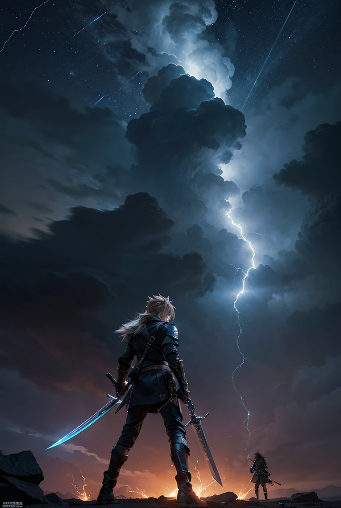 Cloud Strife and Squall Leonhart from the Final Fantasy series standing in battle-ready poses with expressions of fierce determination and wearing battle-worn armor. Their hair is wild and windswept. Cloud wields his massive Buster Sword with sparks flying from it, while Squall is holding his gunblade. The backdrop is enveloped in a mystical mist swirling around them like a vortex, glowing with an ethereal light and shimmering with magical energy, with lightning bolts in the background, creating an intense and dramatic atmosphere. Their determination radiates as they prepare for an epic clash. Add some lightning effects.