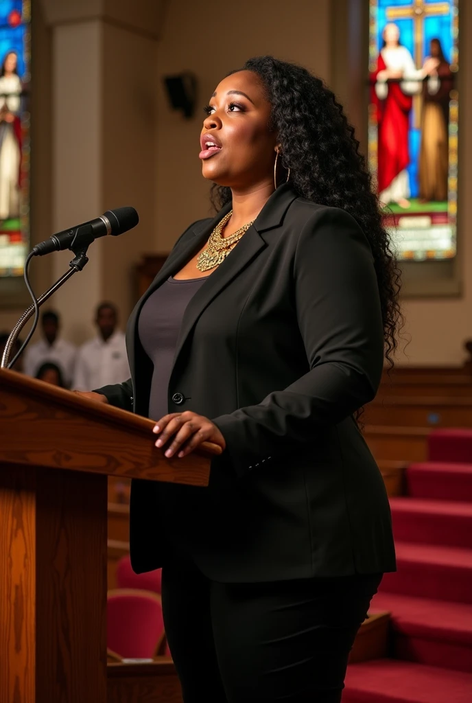 A body that looks like its clothes will burst with muscles,amazing beautiful super muscular body builder female model,A confident and poised Black female politician with a commanding presence and a fuller body type, full body tall and plus size curvey body 5'9 265 lbs This mage should exude power,delivering a powerful speech inside a traditional gospel church. She stands at a wooden podium, dressed in an elegant black suit with a gold chain necklace. The church is warmly lit with stained glass windows depicting religious scenes. A choir, also in traditional gospel attire, is positioned behind her, singing passionately. The church is filled with an attentive congregation, and the atmosphere is vibrant and inspiring, combining historical architecture with a spiritual ambiance.
