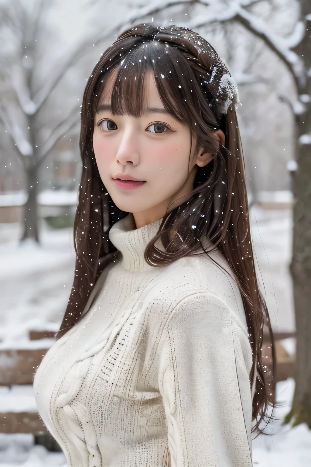 (masterpiece:1.35),(best-quality:1.4),8k,ultra-detailed,photography,(ultra-realistic:1.4), adult girl, long hair, sweater, snowing background, Large Breast, Slim Body, Cute face,
