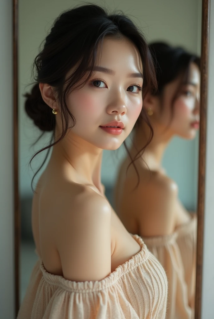 Asian women are beautiful, ((Anatomy Overview)),Updo,Jersey,Taking a selfie in front of the mirror with a black mobile phone and an iPhone in the room