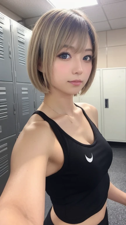 Cute Japan , Dark eyeliner、Sunburned skin 、Blonde、short hair、Plain black fitness wear、locker room、Smartphone selfie