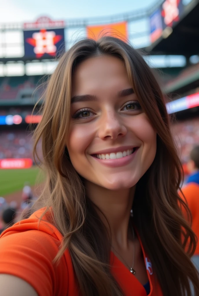 A brunette girl selfie, close up, straight hair, st Houston Astros game