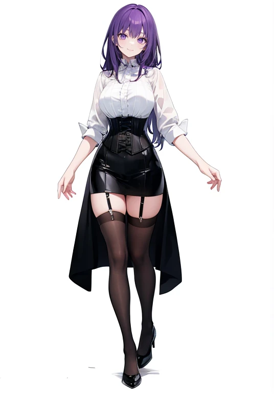 purple,long hair,woman,(corset),Shirt with rolled up sleeves,((Roll up your sleeves)),,simple White background,smile,whole body,full body,full body,Standing picture,vtuber,upright,,Standing upright with face and body facing forward,