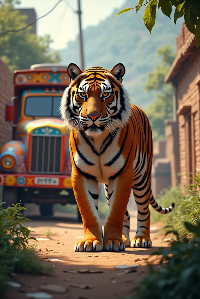 Indian tiger with truck