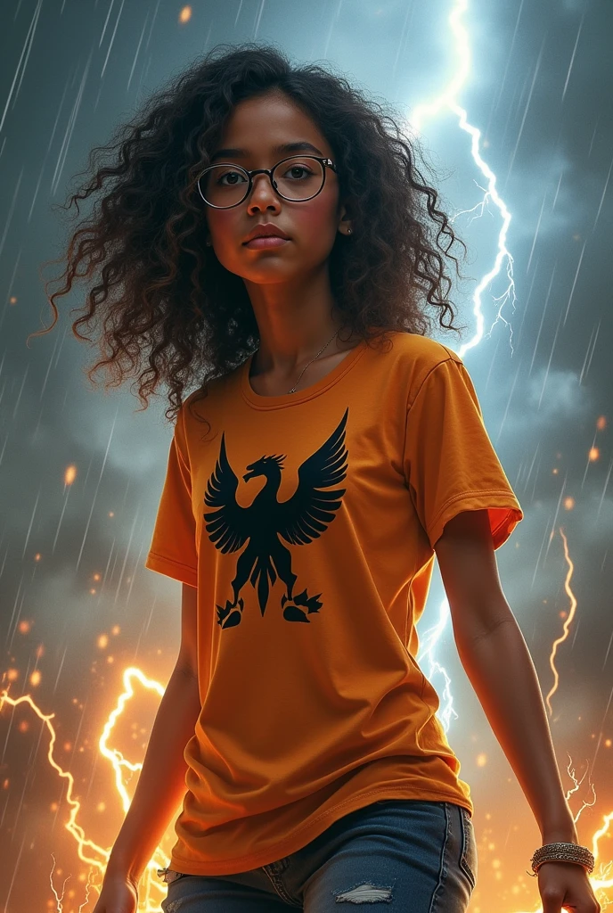 Daughter of Zeus demigoddess brown skin curly hair wearing glasses brown eyes orange t-shirt black Pegasus symbol in the rain and lightning thunder holding a lightning bolt world of Percy Jackson