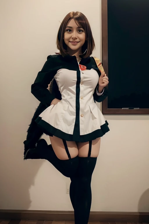 ochaco_uraraka, full body ochaco_uraraka looking forward in standing pose and wearing micro black lingerine and stockings, ochaco_uraraka in standing pose, ochaco_uraraka looking forward, ochaco_uraraka in lingerine, ochaco_uraraka in stockings, (lingerine), (stockings), (full body), (full body)