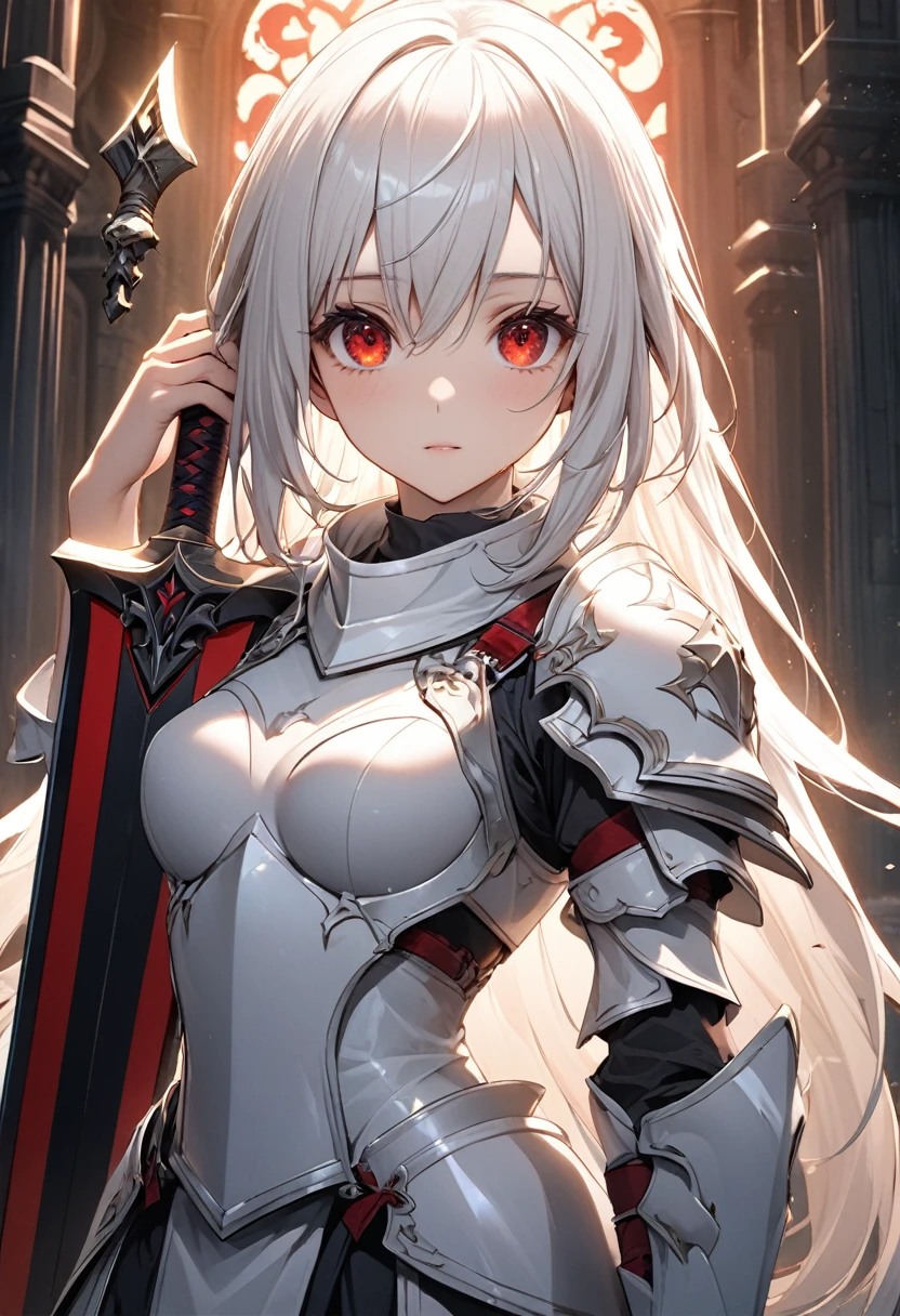 Long hair, (Red eyes:1.5), White Hair、female knight、White Armor, Holding a long sword and a shield、(small breast:1.2), BREAK looking at viewer, BREAK outside, BREAK (masterpiece:1.2), best quality, high resolution, unity 8k wallpaper, (illustration:0.8), (beautiful detailed eyes:1.6), extremely detailed face, perfect lighting, extremely detailed CG, (perfect hands, perfect anatomy),Inside the Dark Temple、Standing in the dark、A gentle expression illuminated by the light
