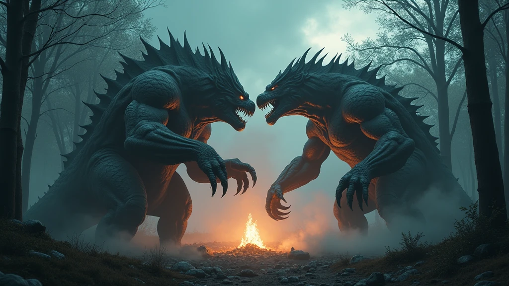 2 big monsters fighting each other in the forest at night nearby the fire 8k  