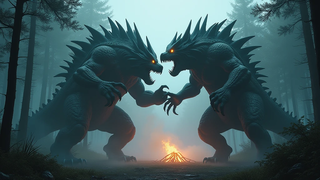 2 big monsters fighting each other in the forest at night nearby the fire 8k  