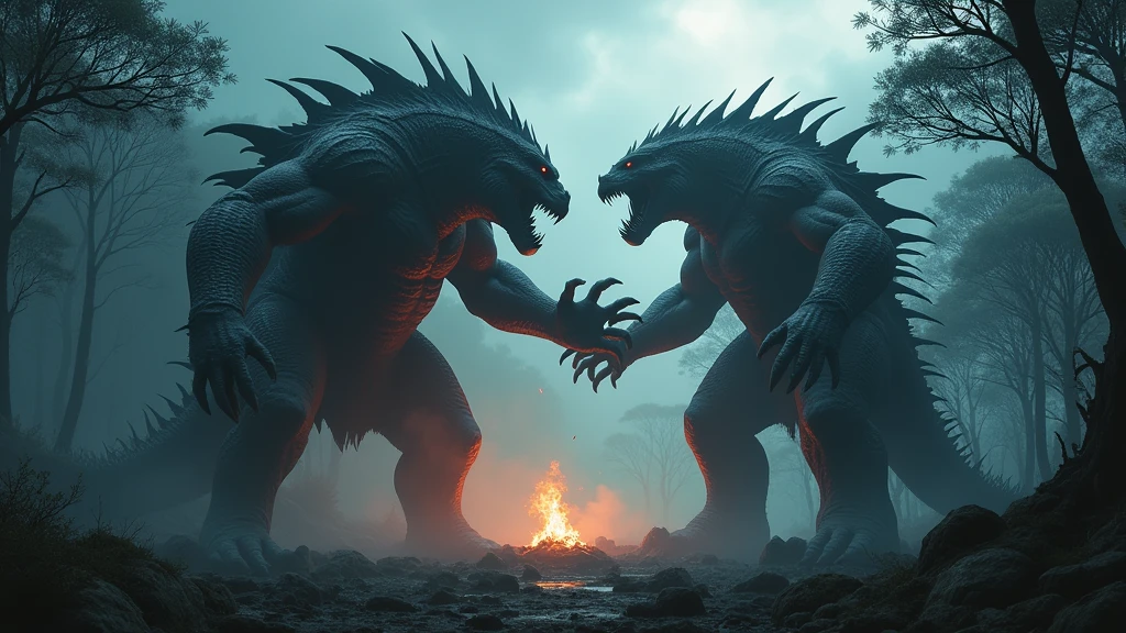 2 big monsters fighting each other in the forest at night nearby the fire 8k