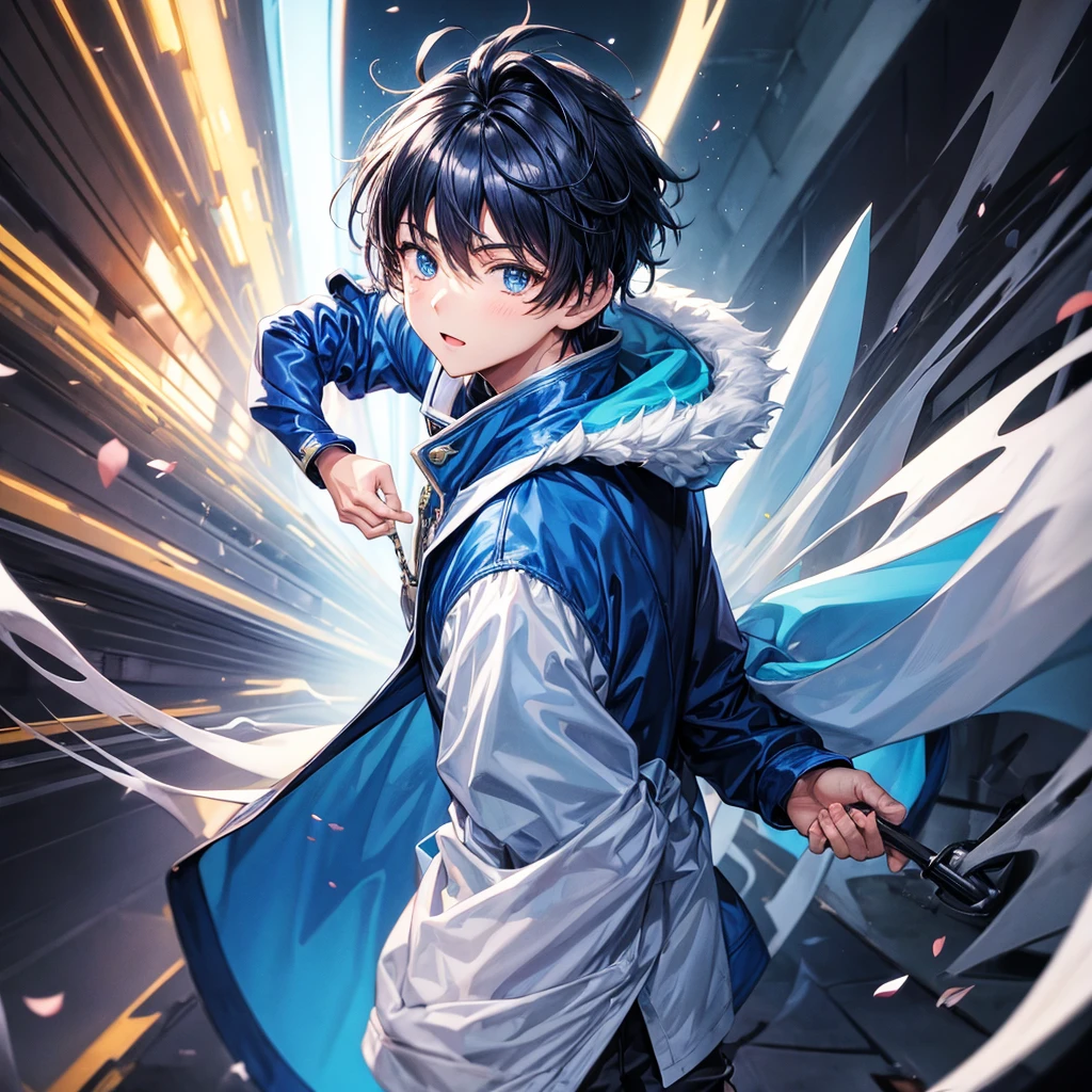 Make a teenager anime boy wearing blue coat