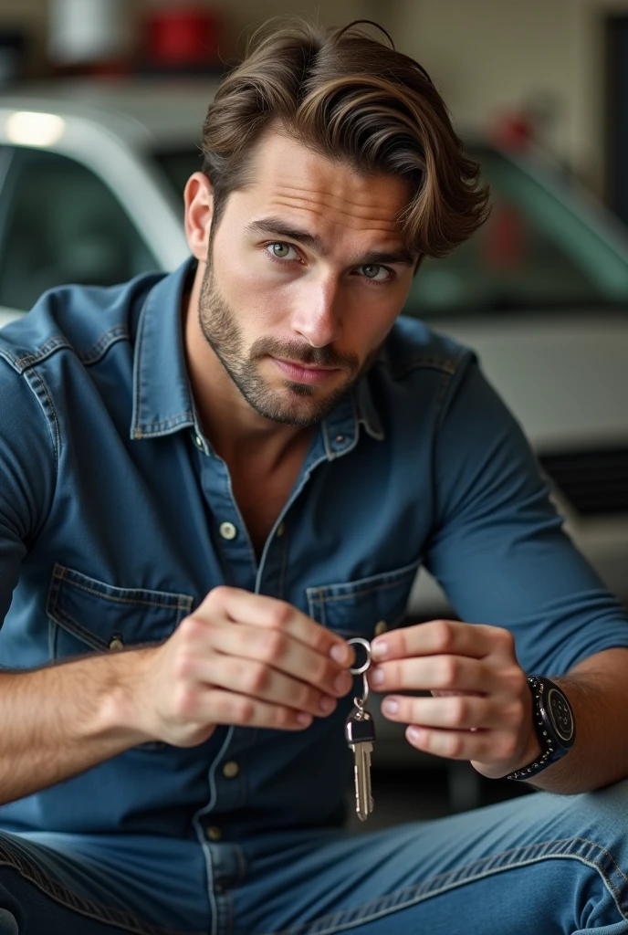 Handsome guy doing car key repair