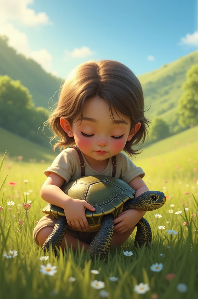 Girl hugging turtle in sunny landscape