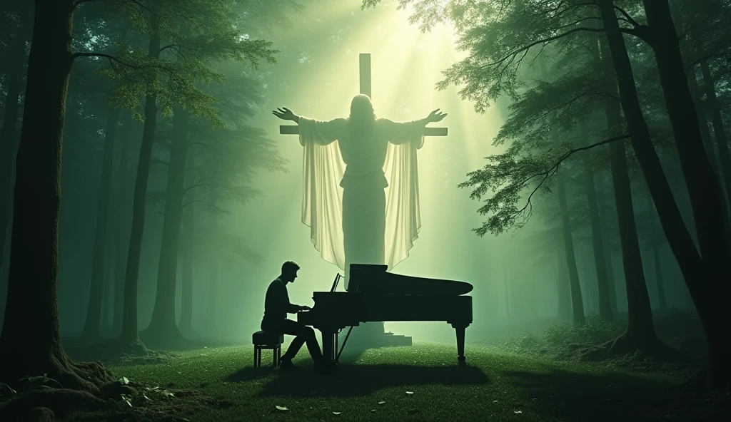 A serene scene of a male pianist playing a grand piano in the middle of a lush forest, shadow Jesus hugging the pianist from behind, soft sunlight filtering through the trees, ethereal atmosphere, hyperrealistic, cinematic lighting, The image depicts a powerful scene with a solitary wooden cross, standing majestically atop a platform surrounded by swirling mists. A white cloth is draped over one arm of the cross, catching the light from within the structure, which shines outward, piercing the surrounding darkness. The atmosphere is ethereal and mystical, set against a backdrop of a dark, stormy sky, suggesting a moment of divine significance or spiritual revelation. The overall mood is solemn and awe-inspiring, evoking a sense of reverence and mystery.
