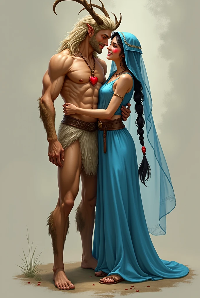 A handsome, thin young man with long beige hair down to his knees. He is bare-chested and tanned.. Legs are fluffy, covered with brown fur, all fur, he is still a faun or a satyr. He is very young.. Looks only . Facial features are masculine, Asian. He is thin built.. He has a red heart pendant on his chest. He is being embraced by a woman in a bright blue floor-length tunic.. The woman has black braids down to the ground. On the head is a translucent veil reaching to the floor. The woman's eyes are green. There is a brown belt on the tunic. Shoes women brown greek sandals. Woman smiling. She has tanned skin and a pink blush on her face..