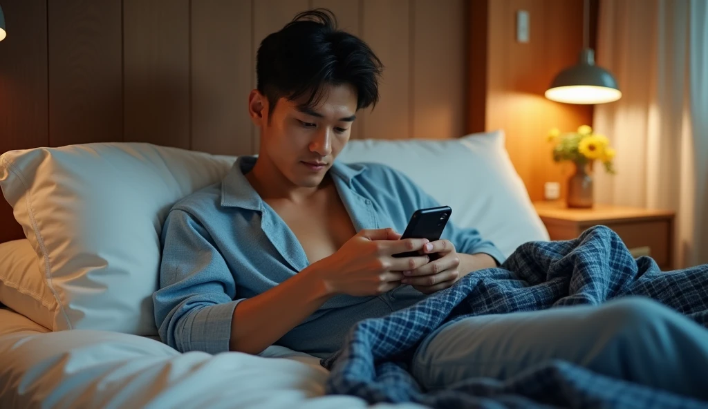 a handsome tanned japanese man, wearing light blue cotton plaid pajamas, seen sitting down on his cozy bed with white sheet and dark blue plaid blanket, looking at his black smarphone and fixing hair, particles and nice lighting, UHD, HDR, 8k, Masterpiece