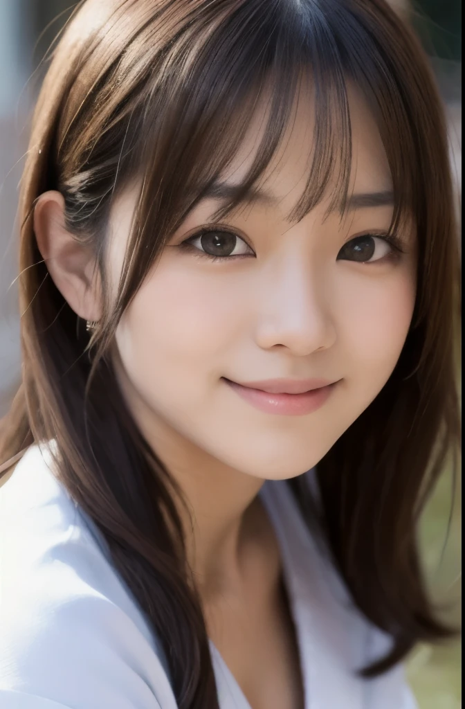 best quality, face focus, soft light, ultra high res, (photorealistic:1.4), RAW photo,(Shinozaki Ai), (fair skin), (kawaii),
1 Japanese girl, solo, cute, smile, (pupil, lights in the eyes),  detailed beautiful face, Medium-sized breasts,(high resolution detail of human skin texture),(long hair),(portrait), upper body, white traditional kimono, A face drawn large on the screen