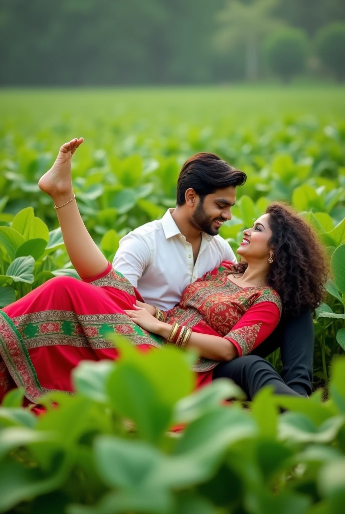 A brunette girl with curly hair and big breasts sits with her legs stretched out, taking a realistic photocute indian boy is the Army girl front chest of a 1 girl from Bodh wearing
sunglasses, are playfully in a plants fiel paddy plants. The woman, dressed in a vibrant red and green dress with intricate patterns, is lying on the man's lap while joyfully kicking one leg in the air. The wearing a white shirt and black pants, is smiling down at her as she holds her leg. The background reveals an expansive field under plants fields, 34K Ultra Quality Image