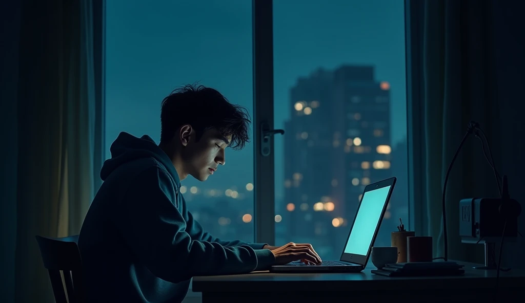 Ek nojawan larka raat dair tak apne laptop par kaam kar raha hai, uska kamra madham roshni mein hai. the city is silent outside, dikhata hai ke woh extra hours laga raha hai.