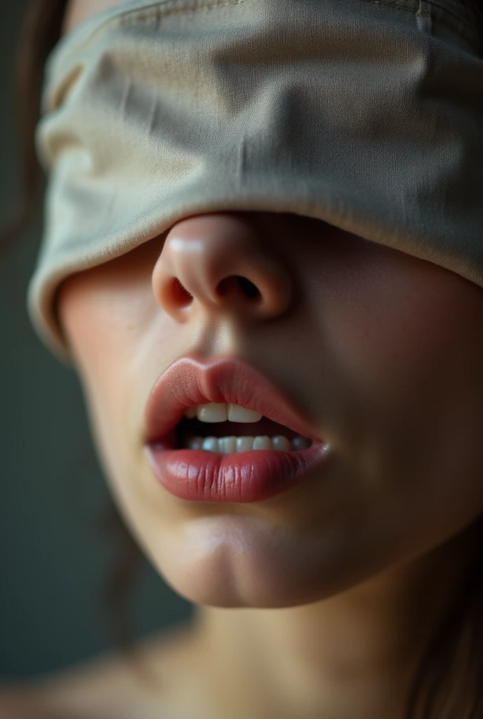 A close-up shot of a blindfolded woman biting her lip. The blindfold, made of a soft, silky material, is wrapped snugly around her eyes, with the fabric slightly creased where it ties at the back of her head. Her lips are slightly parted, with her teeth gently pressing into her lower lip, conveying a mix of tension and anticipation. The focus is on her lips, with fine details like the texture of her skin and the subtle gloss of her lips sharply visible. The lighting is soft, highlighting the curves of her lips and the smoothness of her skin, while the background fades into a gentle blur, keeping the attention entirely on her expression. The scene captures the intimate moment, evoking a sense of mystery and emotion