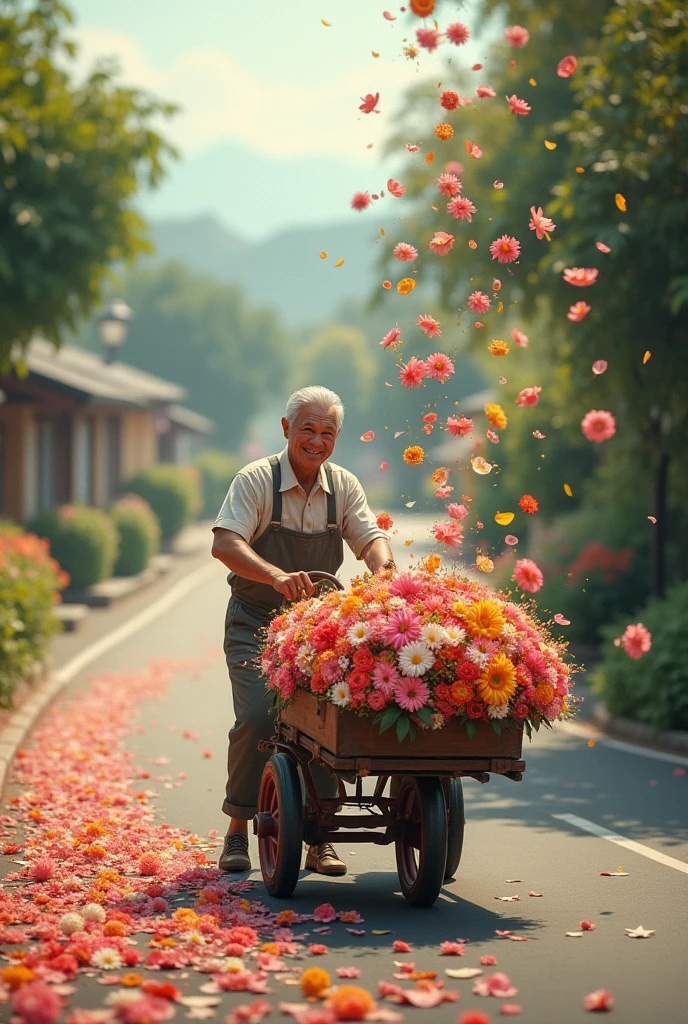 A man driving a trolley is full of flowers and the flowers are being spread on the road. Create the image and show it from a side not front view