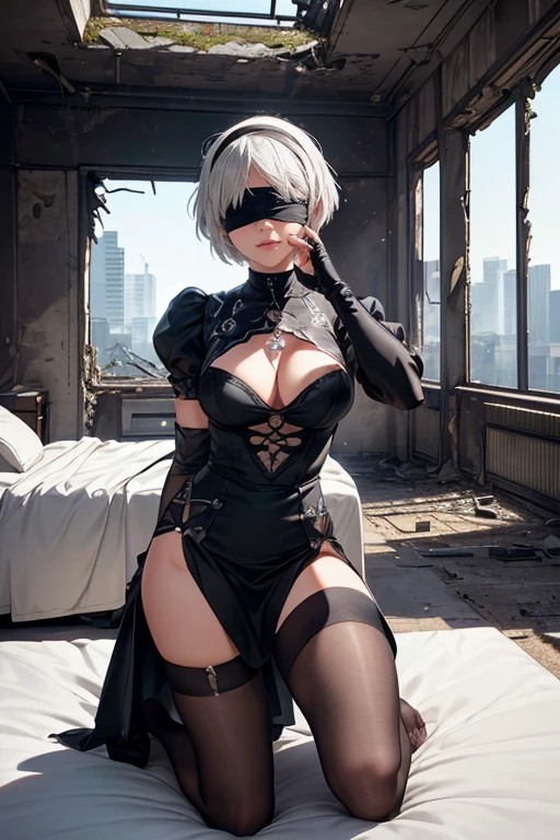 8k, ultra realistic, masterpiece, best quality, ultra detailed, beautiful face, beautiful skin, photorealistic, (professional lighting:1.2), nier_automata, 2B, (((face without blindfold))), (((no blindfold))), white hair, short hair, black_dress, black_hairband, robot_joints, android, cyborg, clothing_cutout, light smile, pearl necklace, looking at viewer, (((full body))), focus on face, ultra sharp, on street in business district, ultra detailed photo background, (((Inside a ruined building in the near future, lying face up on the bed, an inviting gesture, the face is blindfolded)))