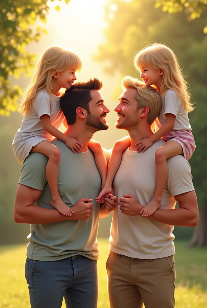 Gay dads with twin girls on the shoulders